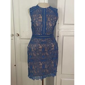 INA Crochet Blue Mini/Knee Length Dress‎ Size Medium Cutout Waist And Chest
